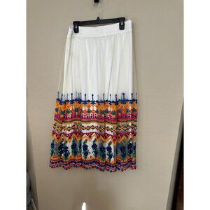 Soft Surroundings womens White Floral Skirt Large embroidered maxi nylon elastic